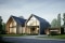 L'illustration représente un bâtiment résidentiel moderne avec un jardin et un garage.